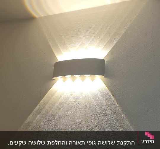 מנורת קיר דולקת עם אור חזק על קיר לבן